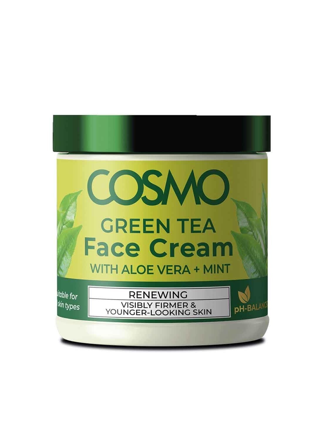 Cosmo Green Tea Face Cream 125ml, Aloe Vera + Mint, Renewing, Visibly Firmer and Younger-looking Skin, Paraben Free, for Daily Use.