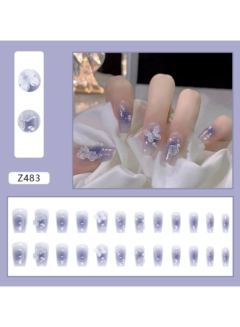 Fairy Style Aurora Press On Nails – Blue Gradient Camellia Butterfly Nail Tips 24PCS, Reusable Sweet Style
