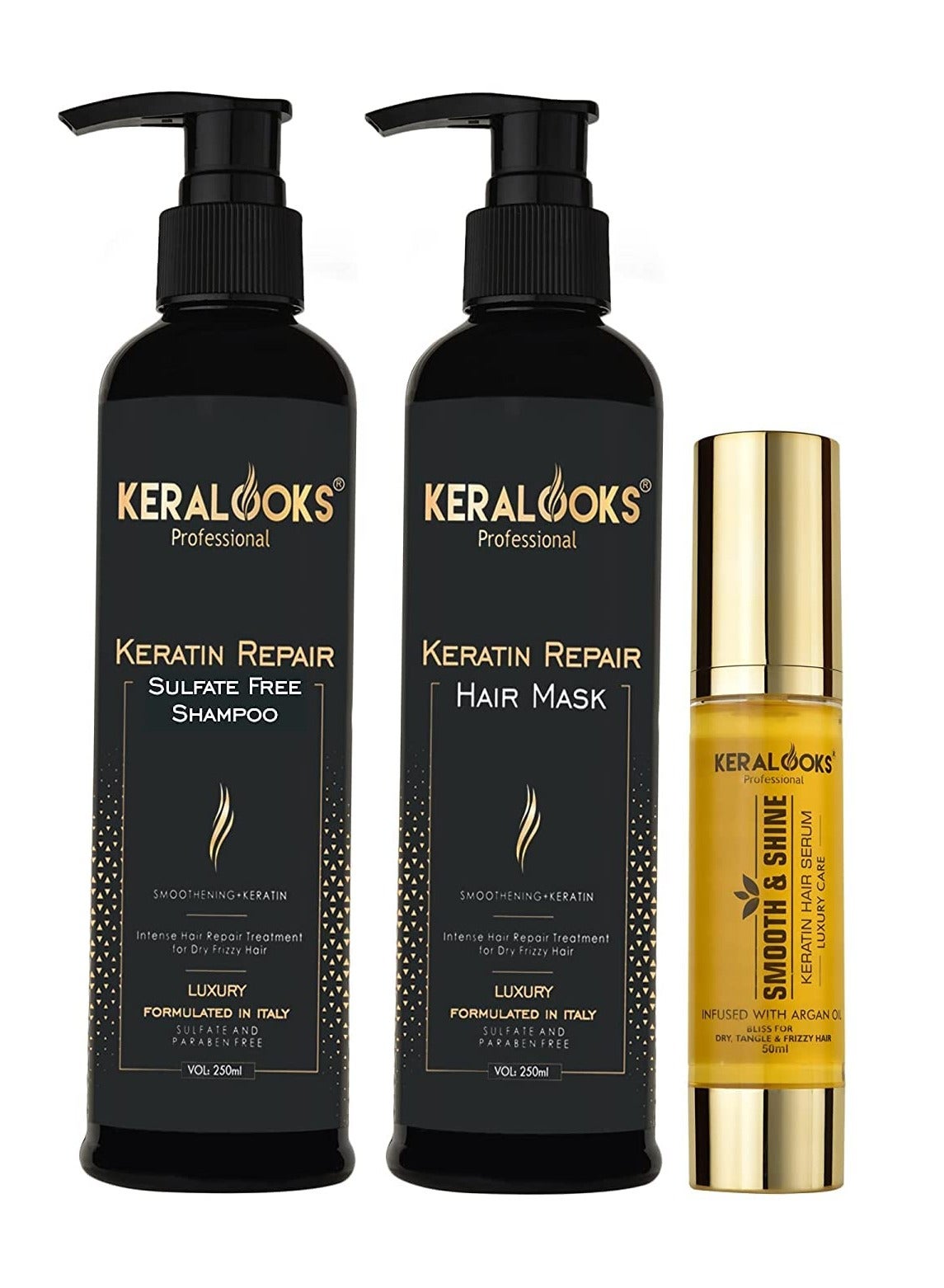 keratin shampoo 250ML And Hair Mask 250ml and Argan hair serum 50ML Combo pack Promote silky smooth and frizz free hair