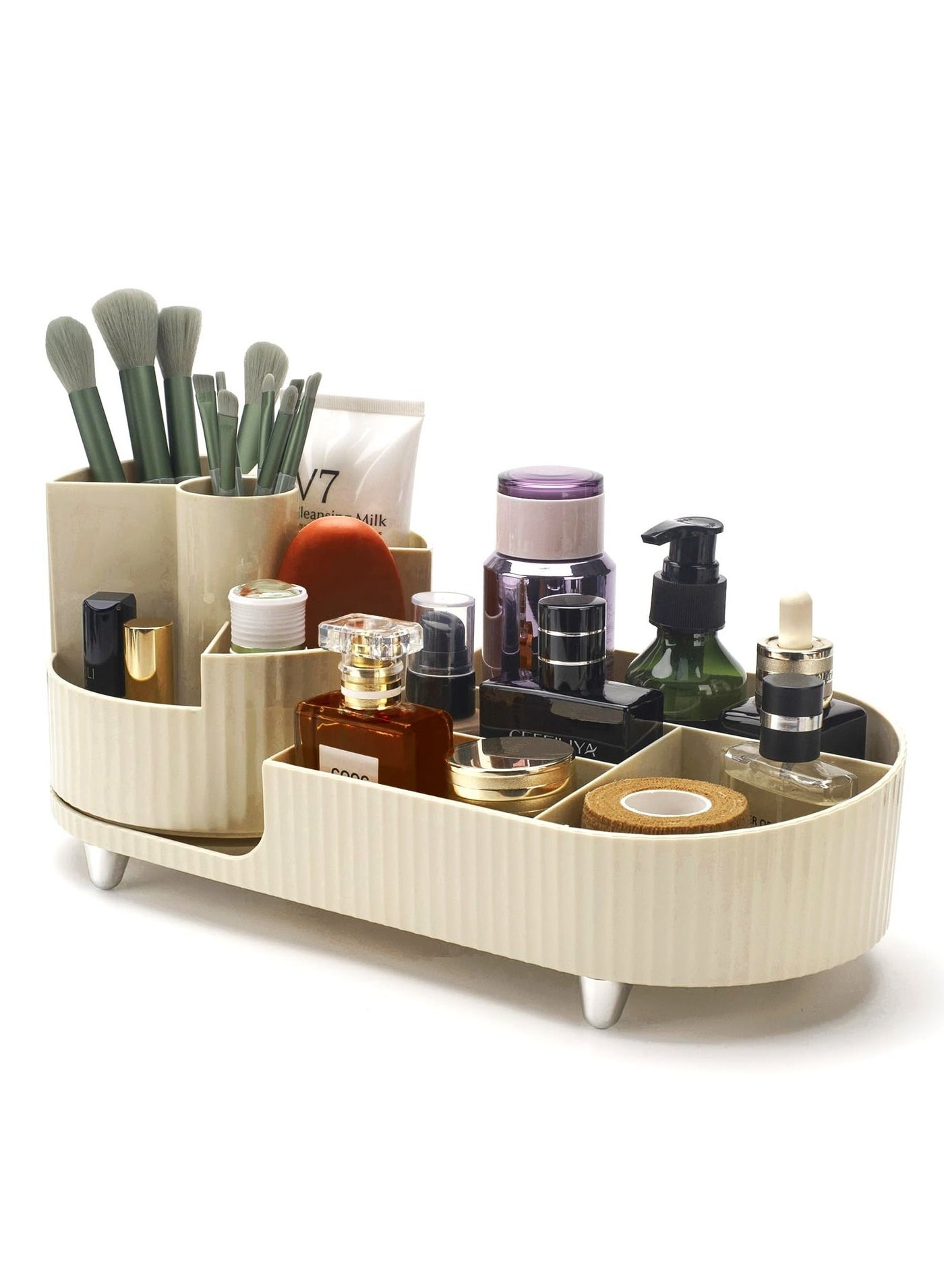 Rotating makeup organizer, with 360° Rotating Makeup Brush Holder, Large Capacity Cosmetics Organizer, Skincare Organizer for Bedroom Dresser Bathroom Vanity Countertop (Cream)