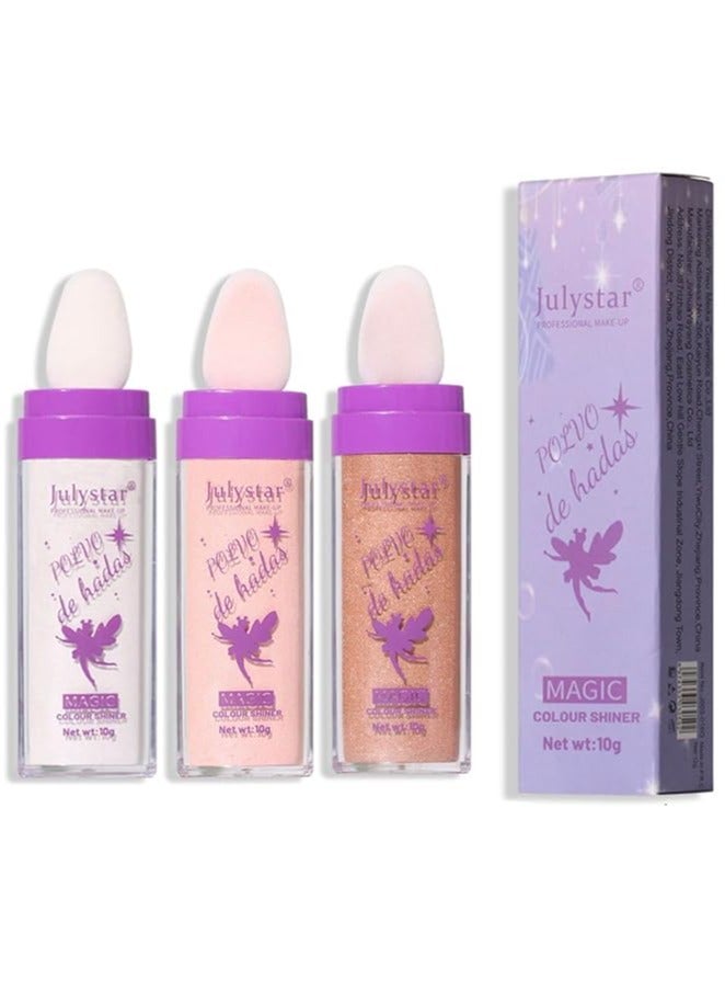 3PCS Polvo De Hadas, Body Glitter,Body Brightens Three-Dimensional Natural Face Blusher Fairy Highlight Patting Powder