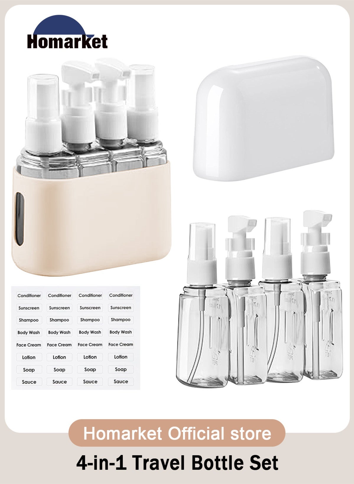 4 Pack Travel Bottles Set for Toiletries: TSA Approved Toiletry Containers, 50ml/2oz Leak Proof Travel Size Accessories with Label and Storage Box, Perfect for Business or Personal Travel Use,Beige