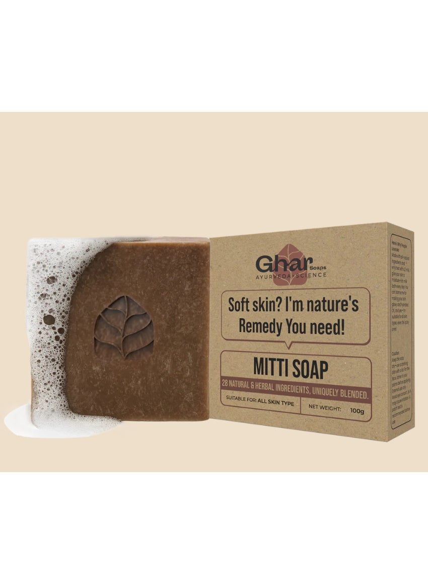 Ghar Soaps Mitti Soap with Mountain Pond Soil, 26 Herbs for Brightening, Softening, Exfoliating, All Skin Types, 100g Bar
