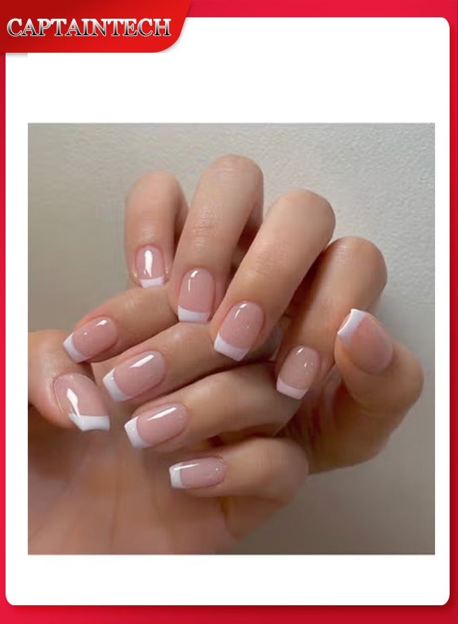 French Tip Press On Nails - Package Soft Gel French Fake Nails Short, Salon-quality Press On Nails, Seamless Glue-on Nails for Woman Nail Art Manicure