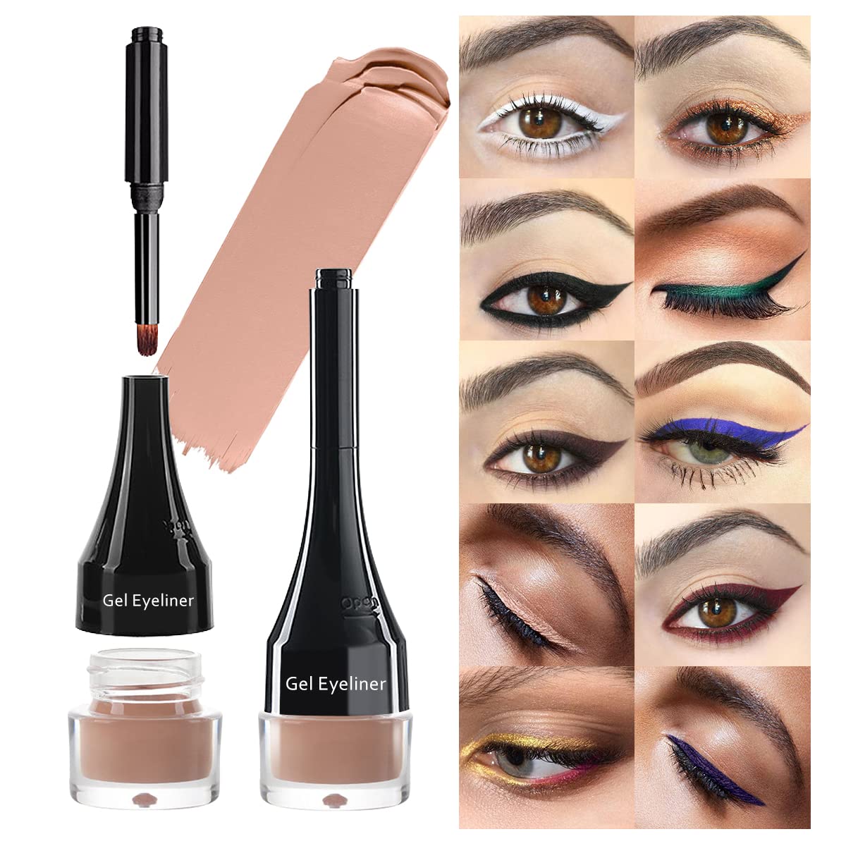 LSxia 2-in-1 Gel Eyeliner Set, Tattoo Eyeliner Waterproof Smudge Proof Gel Cream Eye liner Pot with Brush, High Pigment Eye Makeup for Women (Nude)