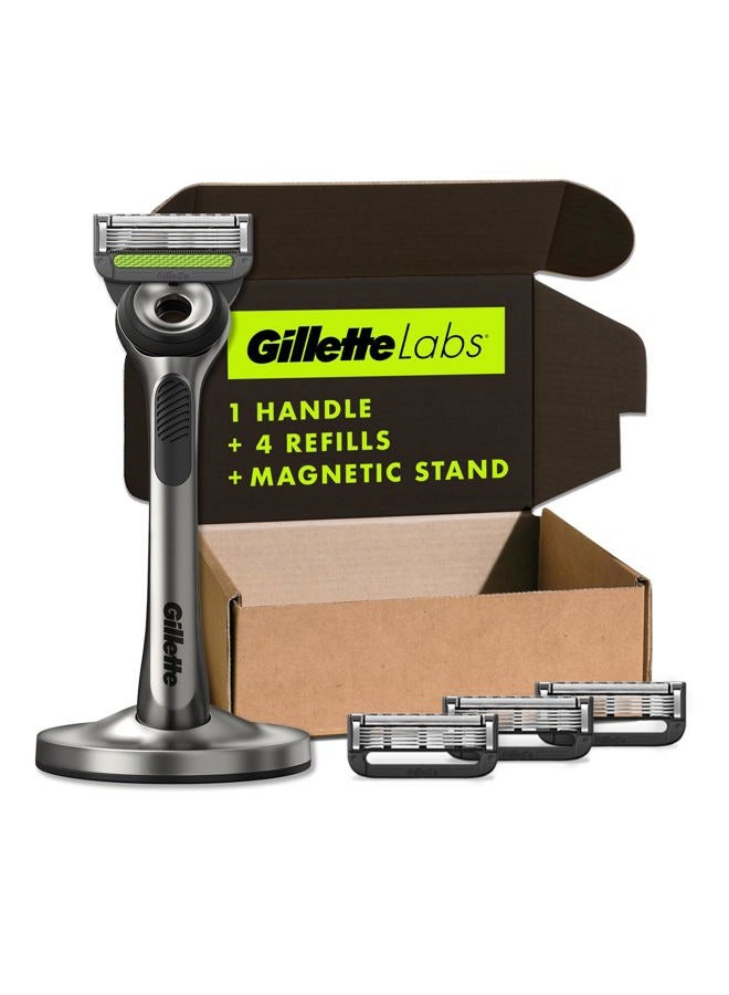 Labs with Exfoliating Bar by Gillette Razor for Men - 1 Handle, 4 Razor Blade Refills, Holiday Gifts for Men, Includes Premium Magnetic Stand