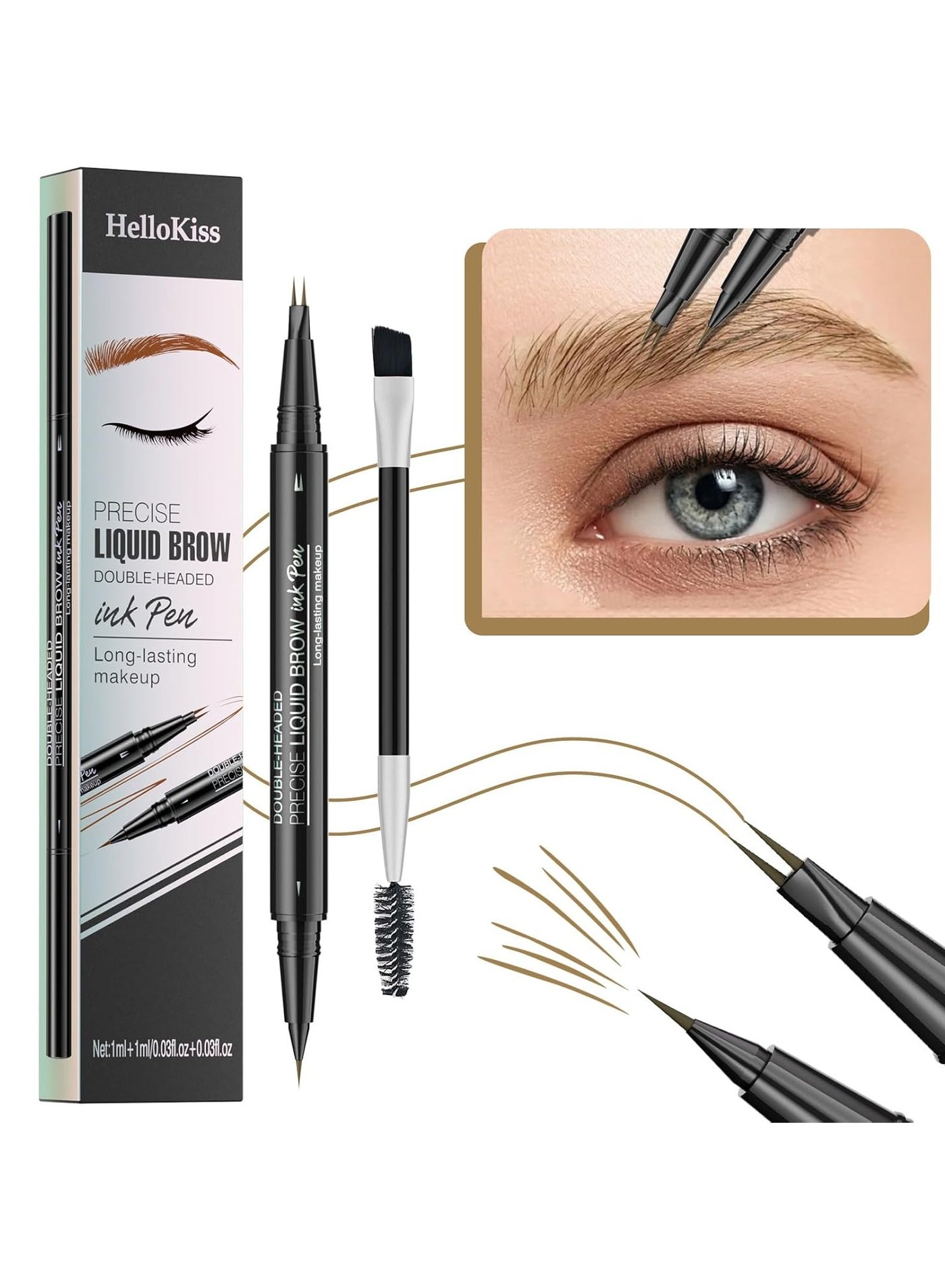 Precise Liquid Eyebrow Pen with Brush Double Headed Ink Pen 2 Tip Microblading Brow Pen Curved Eyebrow Pencil, 2 Fork Tip Eye Pen Waterproof Long Lasting Ink Pen Light Brown 01