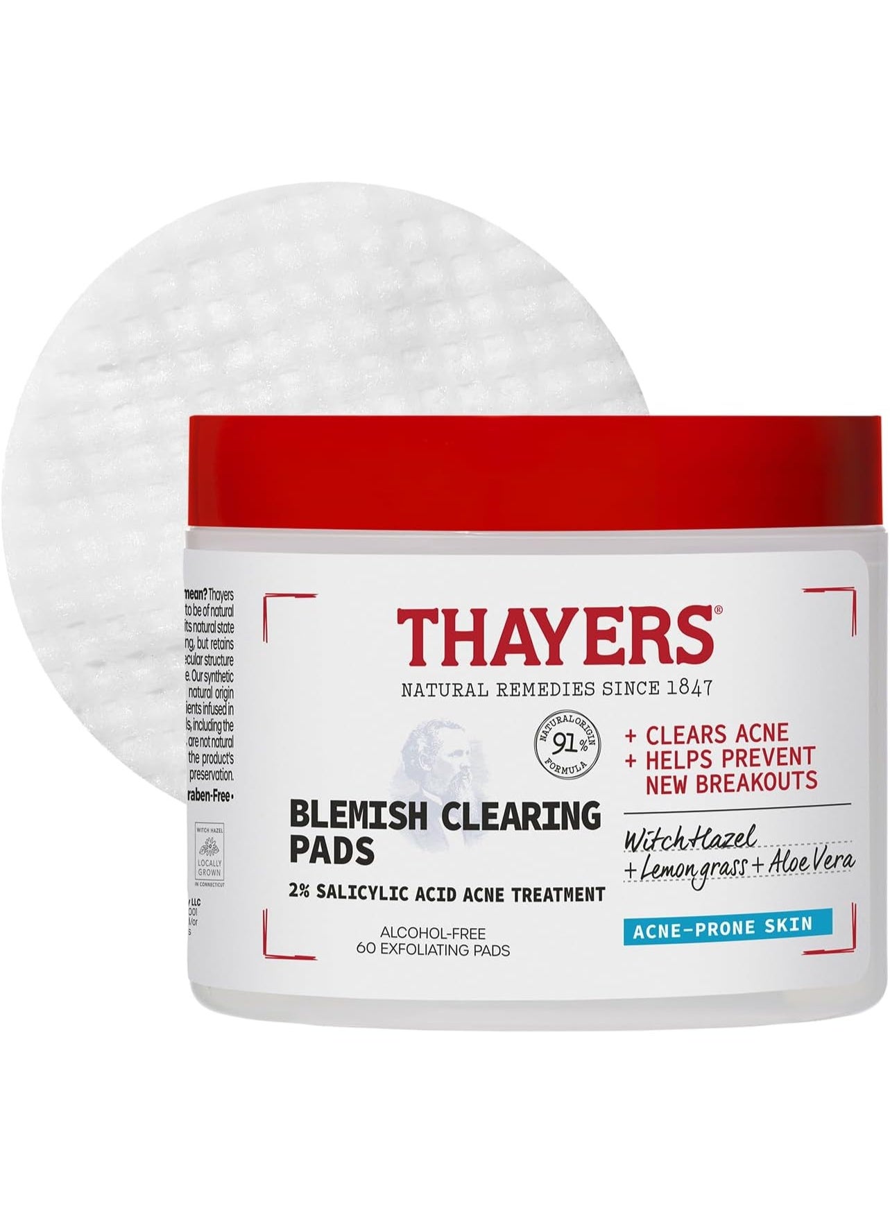 Thayers Blemish Clearing Acne Pads with 2% Salicylic Acid & Witch Hazel – Alcohol-Free, Gentle, Soothes Skin, Clears Blemishes, Blackheads & Whiteheads, 60 Count