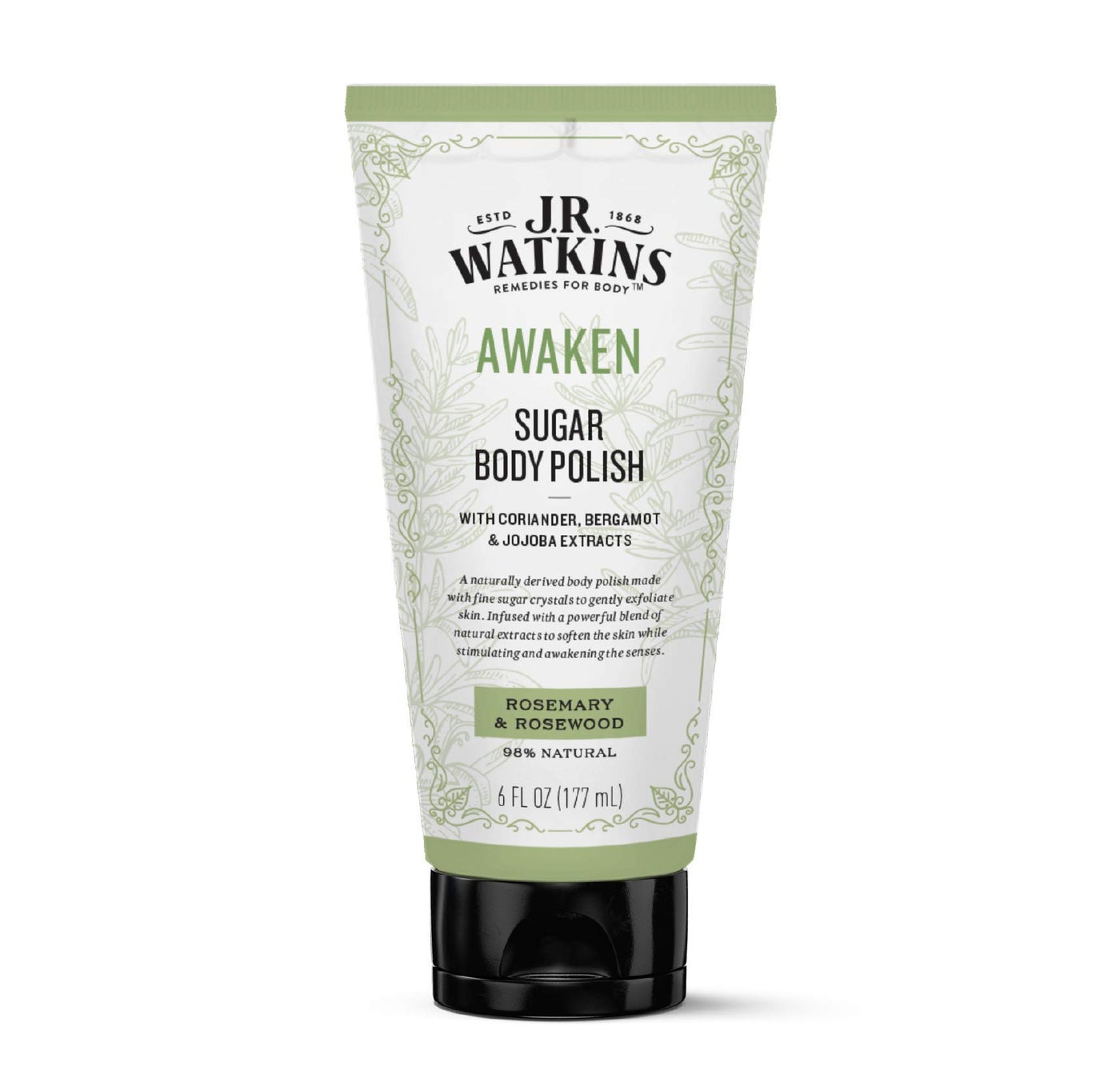 J.R. Watkins Awaken Sugar Body Polish, Rosemary & Rosewood Natural Body Scrub Cleanses, Softens & Stimulates Senses, 6 oz