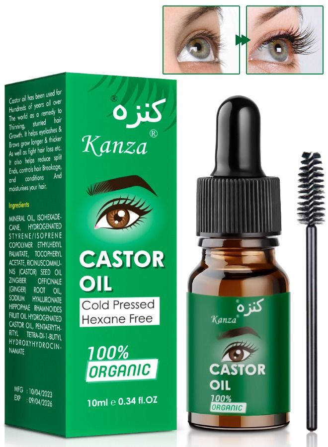 100% Organic Castor Oil for Eyelashes Eyebrows Hair Black Castor Oil Natural Cold Pressed Hair Growth Oil Hexane Free Growth Serum for Fuller Thicker Lashes and Brows for Women 10ml