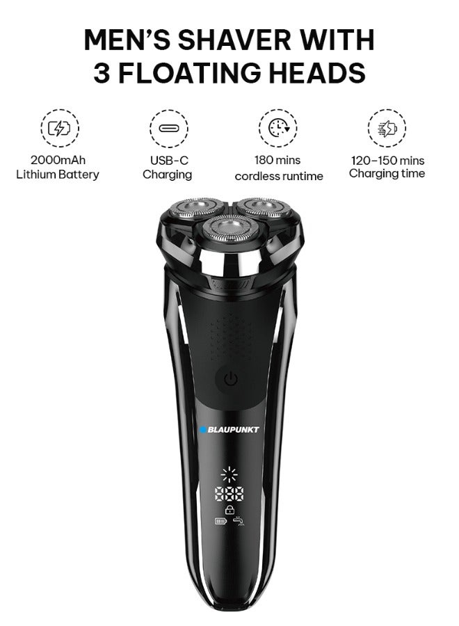 Blaupunkt Shaver for Men – 3 Floating Heads, Pop-Up Trimmer, USB-C Charging, LCD Display, 180 Min Runtime, Wet & Dry Use, Travel Lock, Corded/Cordless, Waterproof, 2-Year Warranty-SVM422