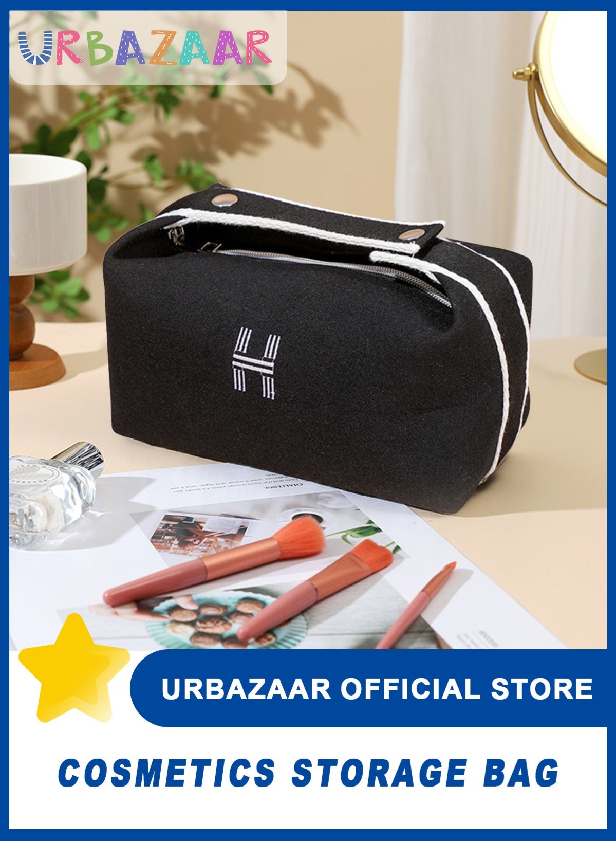 Makeup Bag Travel Toiletry Bag, Small Cosmetic Bag Portable Travel Makeup Bag with Handle, Fashion Canvas Makeup Organizer Bag Water Resistant for Women and Girls (Beige)