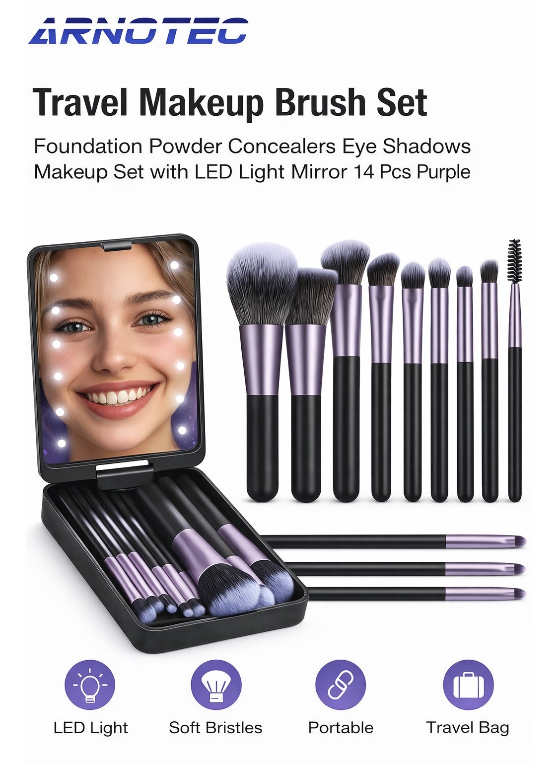 14-Piece Travel Makeup Brush Set with LED Light Mirror – Professional Foundation, Powder, Concealer & Eye Makeup Brushes, Soft Synthetic Bristles, Portable Storage Case (Purple)