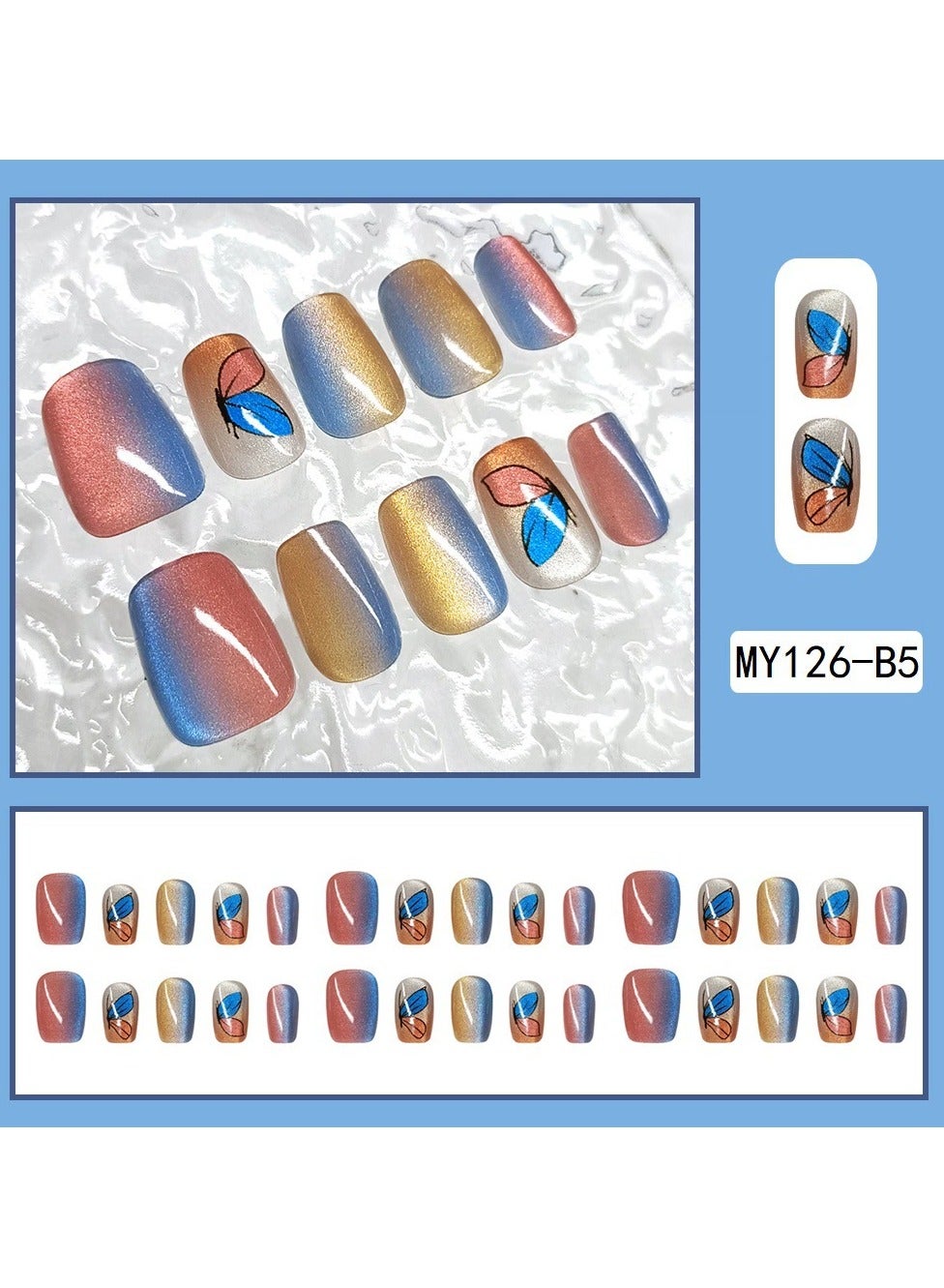 Press On Nails 30Pcs – Candy Color Gradient Cat Eye Crystal Butterfly Nail Tips, Reusable Sweet Style