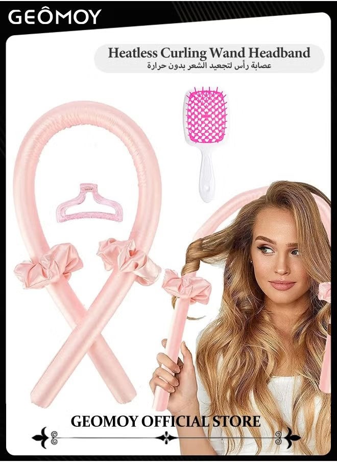 Hair Curling Kit with Free Hollow out Massage Styling Comb Heatless Curling Rod Headband Lazy Hair Curler No Heat Silk Curlers SoftCurling Ribbon and Rods for Natural Wave Hair