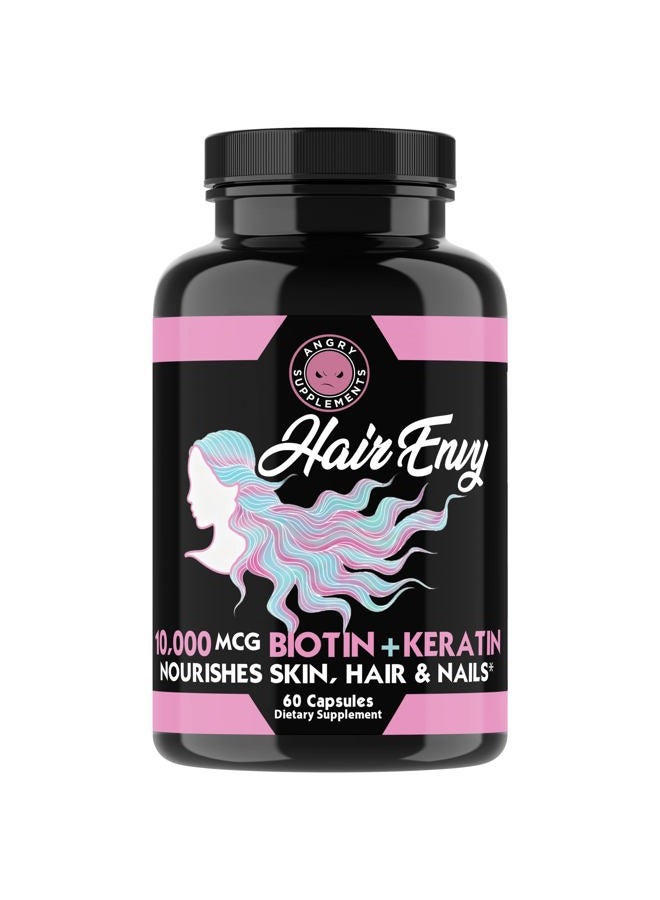 Hair Envy 10,000 mcg Biotin + Keratin Capsules, Grow Hydrate Hair, Strengthen Thicken Nails, Clear Skin – Natural Remedy for Damaged Thinning Hair, (1-Bottle, 60ct)