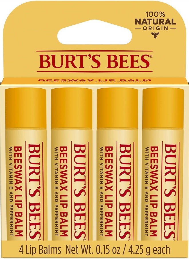 Lip Balm Easter Basket Stuffers, Moisturizing Lip Care Spring Gift, for All Day Hydration, 100% Natural, Original Beeswax with Vitamin E & Peppermint Oil (4 Pack)