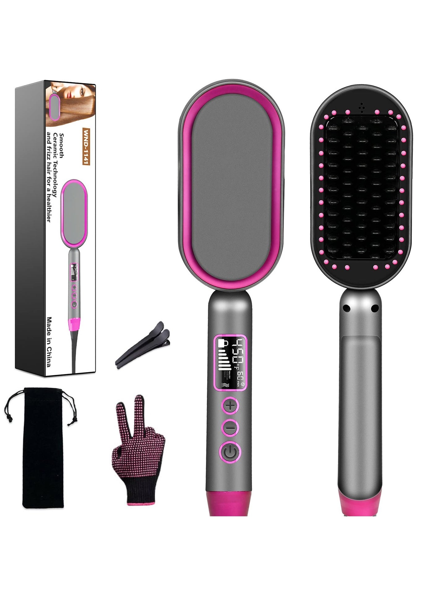 SYOSI Hair Straightener Brush, Salon Styler Hair Dryer and Volumizer Ceramic Heating Ionic Hair Straightener Comb 13 Heat Setting & LED Screen & Anti-Scald & Auto-Off for Home Travel Salon