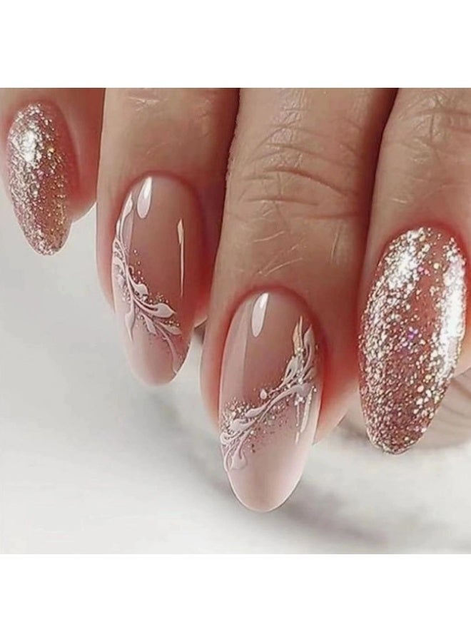 Champagne Nude Glitter Floral Press On Nails | 24PCS Reusable ABS Material | Handcrafted 3D Floral Design | Glossy Mirror Finish | Long Lasting Scratch Resistant Waterproof | Lightweight Natural Fit | No Glue Needed | Perfect for Wedding Party & Daily Wear