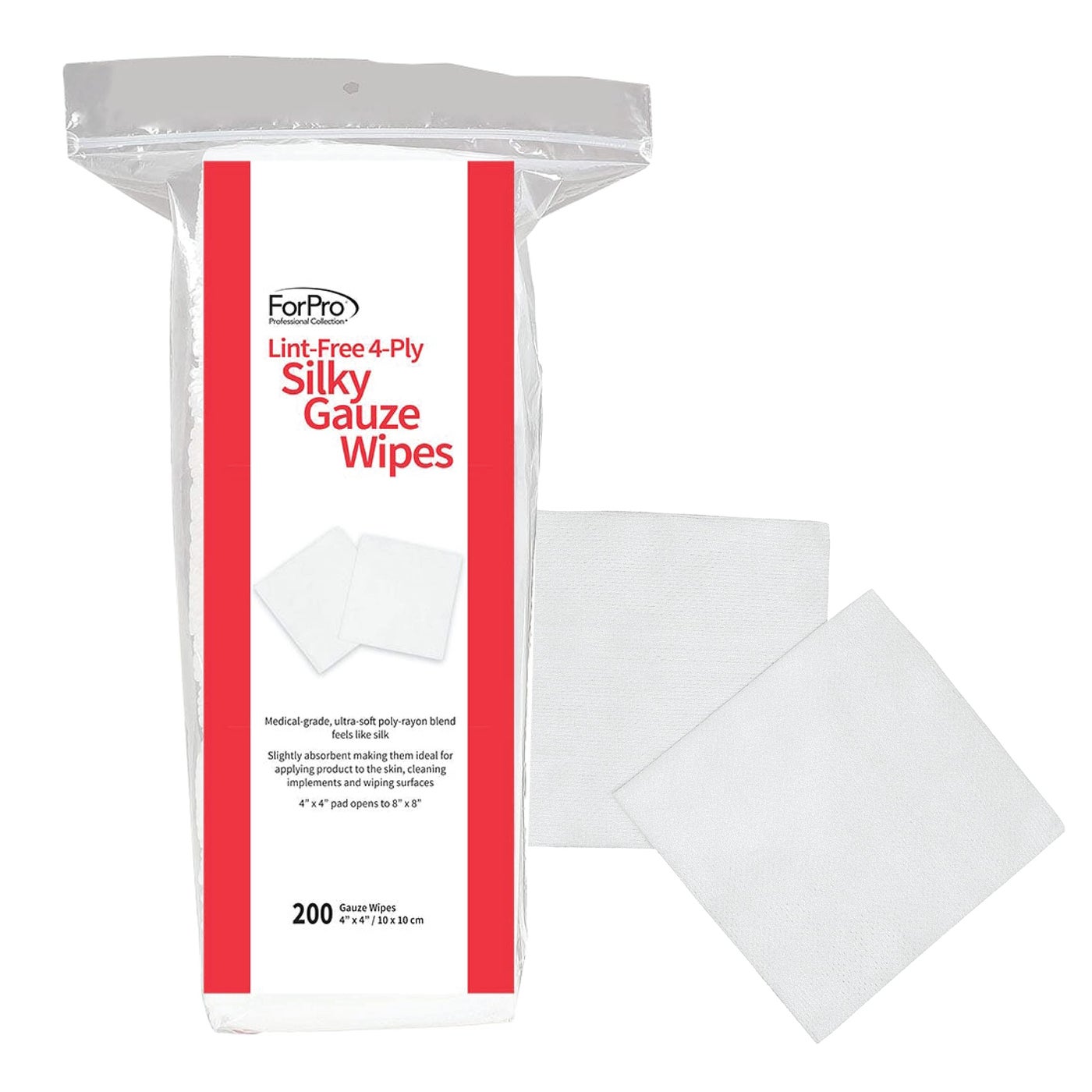 ForPro Professional Collection Lint-Free 4-Ply Silky Gauze Wipes, 100% Lint-Free, Ultra-Soft, for Product Application and Medical Care, 4â€ x 4â€, 200-Count