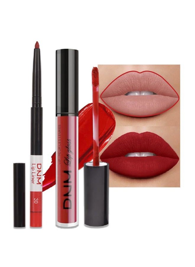 2pcs Matte Ruby Red Lip Liner and Lipstick Makeup Set, Berry Colored Lipstick 24H and Lip Liner Set Matt Ink Liquid Lips Make Up Waterproof Long Lasting High Impact Color Lip Gloss Set (#30)