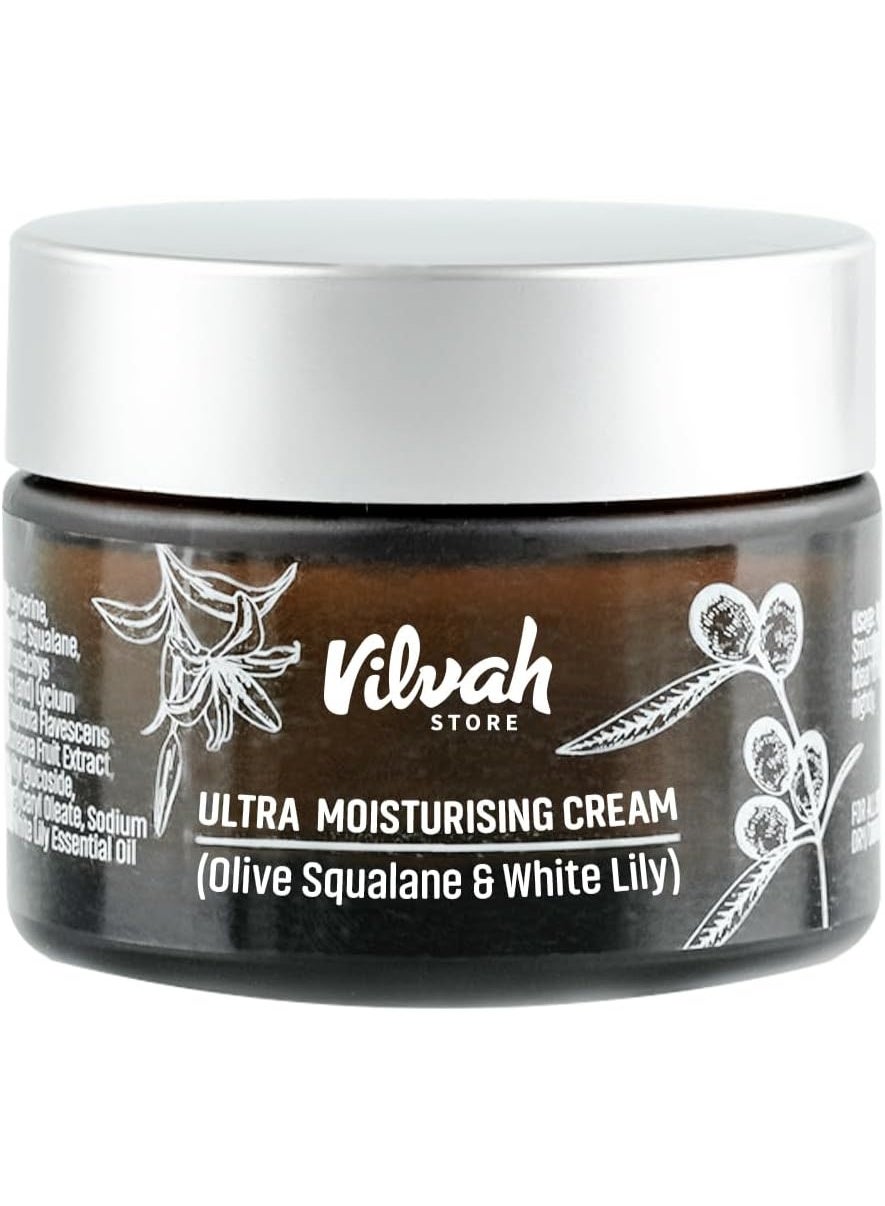 Vilvah Store Ultra Moisturising Cream | For Normal, Dry & Sensitive Skin | For Face, Hand & Body | Non-Greasy Cream With Olive Squalene And White Lily | 50ml