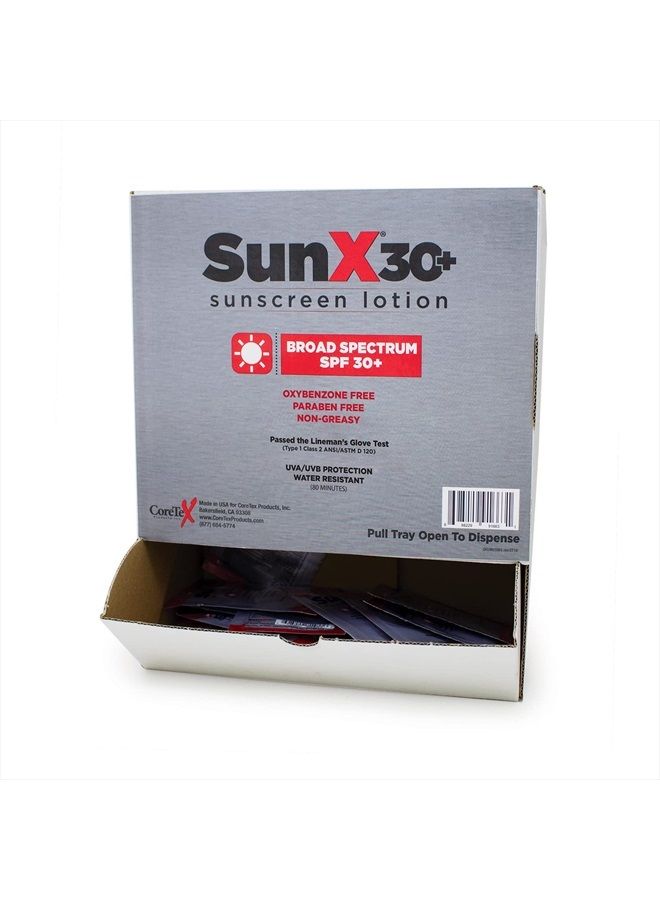 Sun X 30+ SPF Individual Sunscreen Packets Travel Size - Pack of 100 Paraben, Oxybenzone, & White Cast Free Broad Spectrum SPF Sunscreen Packets - Water & Sweat Resistant For Up To 80 Minutes