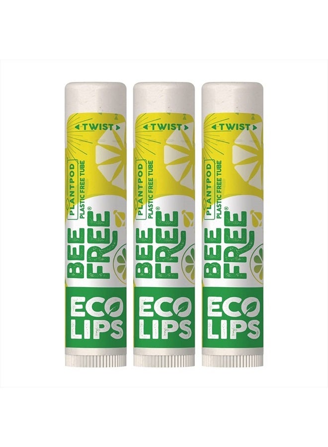 Vegan Lip Balm Lemon Lime Flavor 3 Pack - Natural Bee Free with Candelilla Wax, Organic Cocoa Butter & Coconut Oil Lip Care. Soothe & Moisturize Dry, Cracked and Chapped Lips - 100% Plastic-Free Plant