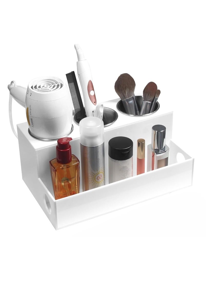 Hair Tools Organizer, White Acrylic Blow Dryer Holder, Hair Dryer Organizer for Countertop, Bathroom & Vanity with 3 Heatproof Steel Cups