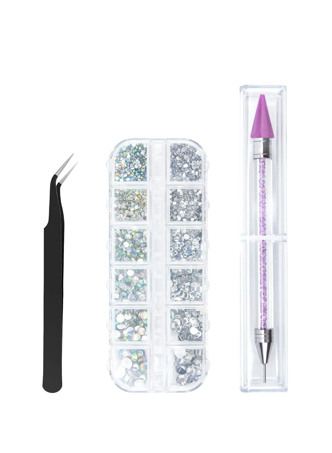 ORiTi Nail Art Rhinestone Decoration Set With Curved Tweezer Purple