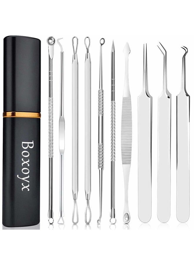 Pimple Popper Tool Kit - Boxoyx 10 Pcs Blackhead Remover Comedone Extractor Kit with Metal Case for Quick and Easy Removal of Pimples, Blackheads, Zit Removing, Forehead,Facial and Nose(Silver)
