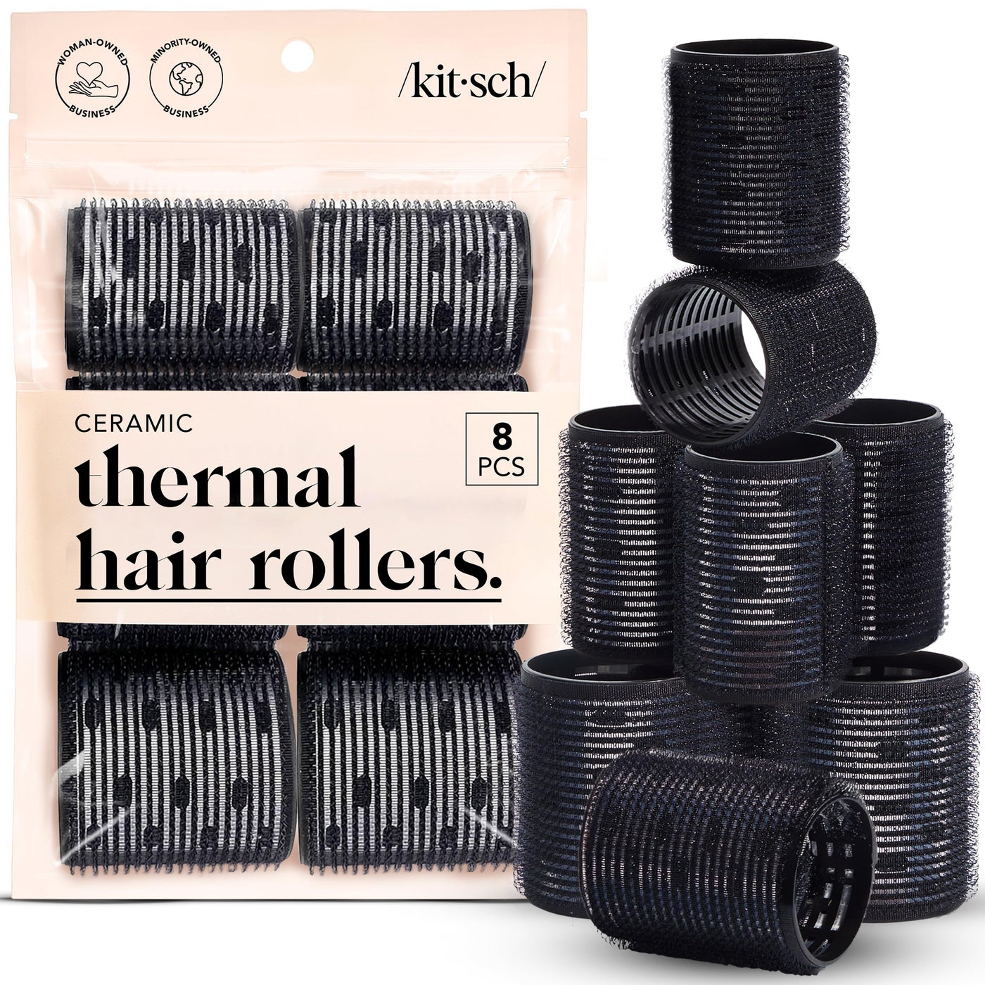 Kitsch Ceramic Thermal Hair Rollers for Women â€“ Self Grip Hair Curlers for Heatless Curls Overnight - Volumizing Large Rollers for Short & Long Hair - For Long Lasting Frizz-Free Curls - Black, 8pcs