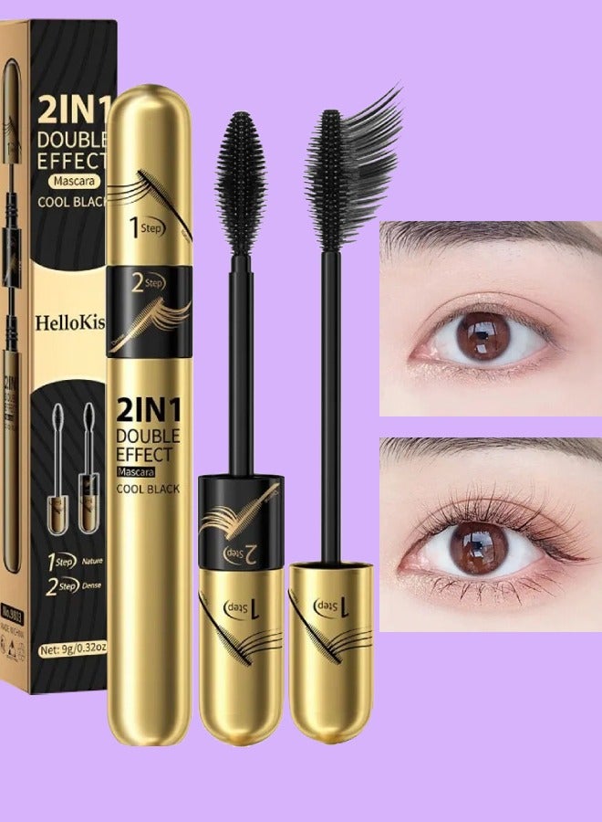 2 in 1 Double Effect Mascara Cool Black Curling and Intensifying Mascara Volumizing and Lengthening Black Mascara for Long Curly and Thick Eyelashes Waterproof Mascara