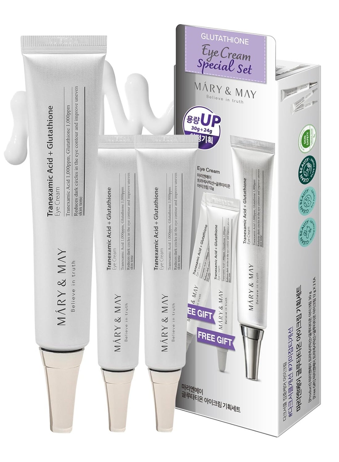 Mary&May Glutathione Eye Cream Special Set - Powerful Antioxidant, Reduces Dark Circles in the Eye, Improve Uneven Skin Tone with Vitamin C, 1.01 oz.+ Mini 0.4oz 2 Pack