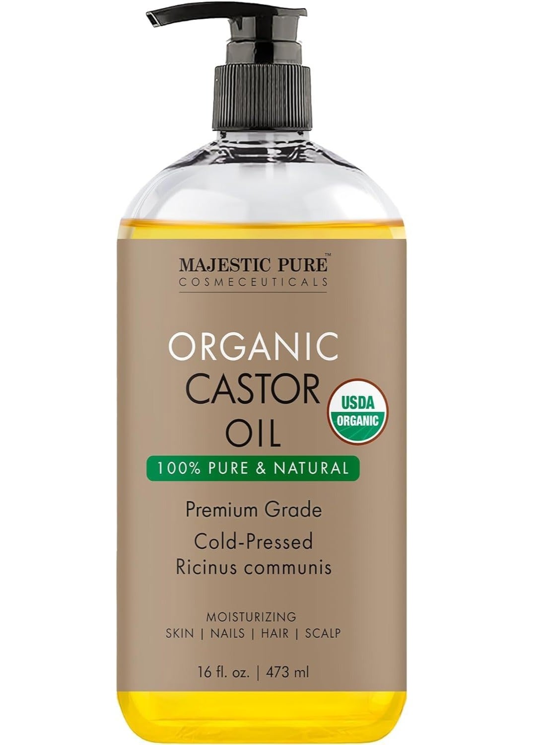 Organic Castor Oil | 473 ML Large | Cold Pressed & 100% Pure | Hexane Free | Stimulate Growth for Hair, Eyelashes, Eyebrows, Nails | Moisturizing & Nourishing | Body, Hair & Carrier Oil |
