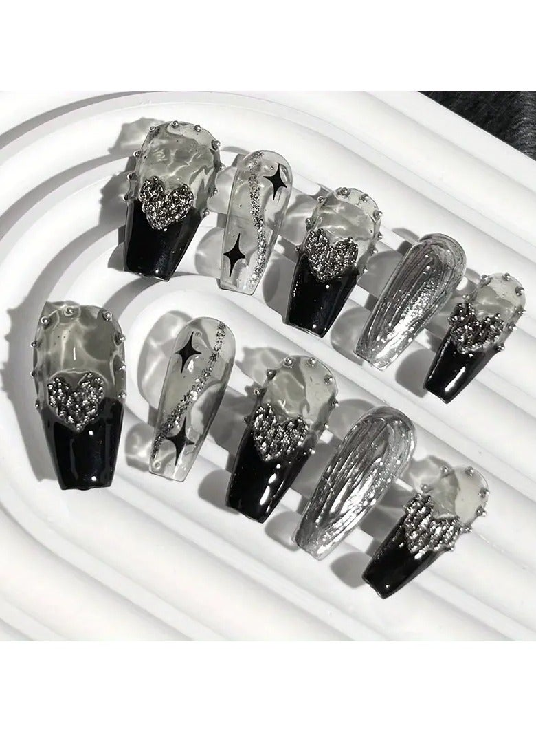 10pcs Handmade Press-On Nails, Medium Length Coffin Shape, Goth Punk Style, Reusable False Nail Tips With Glue, Black And Silvery Glitter Design -Large