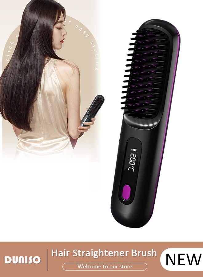 Cordless Hair Straightener Brush, 2 in 1 Hair Straightening Iron for Women, Portable Electric Hair Straightening Comb with Negative Ions, Eliminate Static Electricity Hair Straightener Comb for Type-c Charging, Mini Straightening Brush for Travel, Home, Business