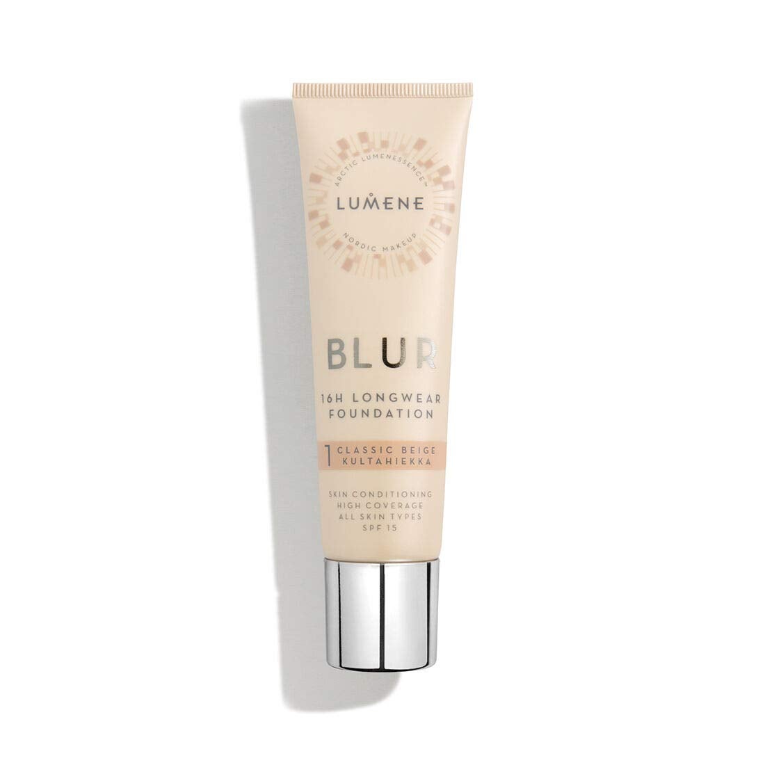 Lumene 16h Longwear Blur Foundation SPF 15 for All Skin Types High Coverage with Arctic Cloudberry 30 ml / 1.0 Fl.Oz. (1 Classic Beige)