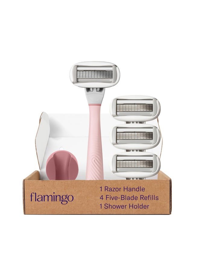 Razors for Women, 1 Women's Razor Handle Rose), 4 Razor Five-Blade Refills, and 1 Shower Holder
