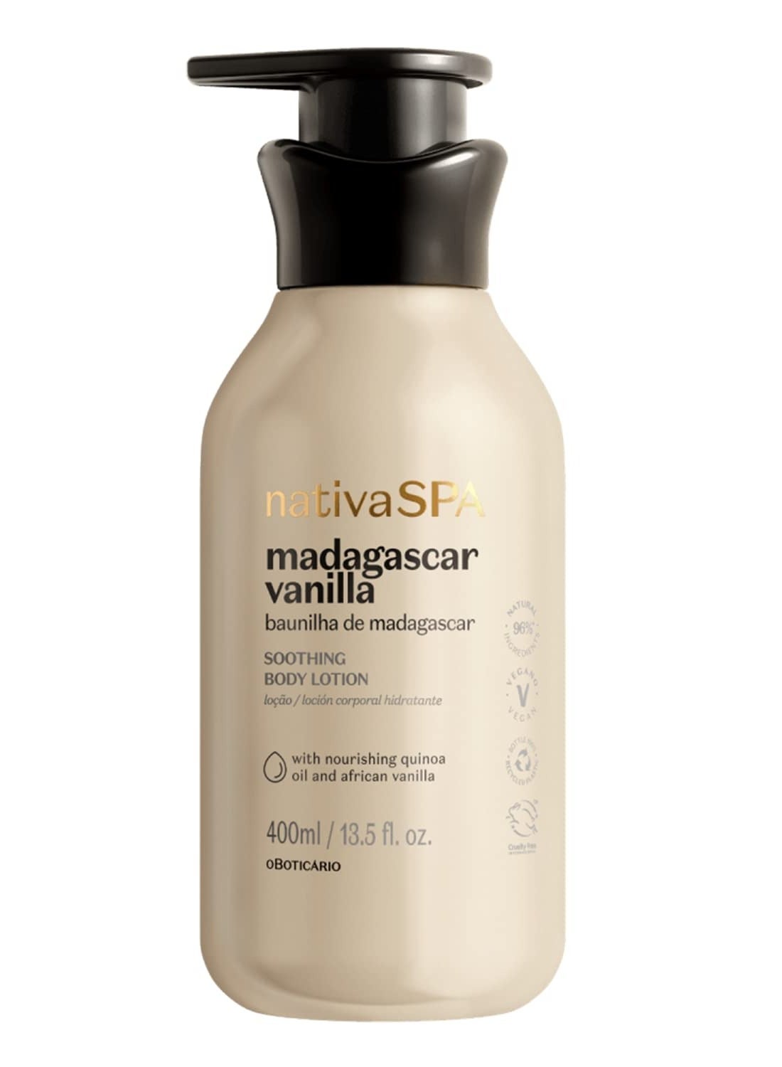 Nativa SPA by O Boticário, Madagascar Vanilla Moisturizing Body Lotion, Fragranced Skin Moisturizer with Purified Quinoa Drops, 13.5 Ounce