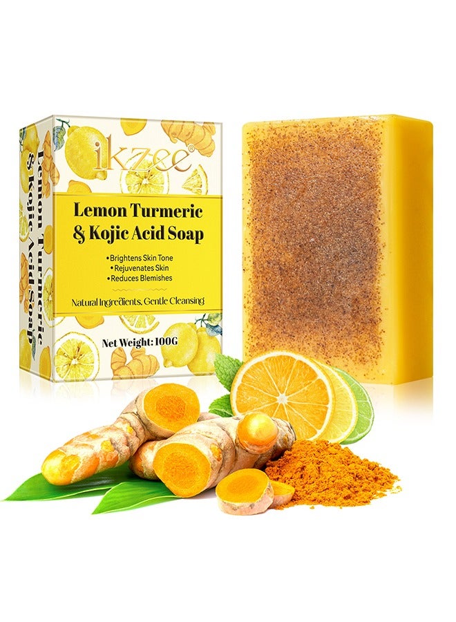 Lemon Turmeric and Kojic Acid Soap,Turmeric Soap Bar,Gentle Skin Brightening Soap,Dark Spot Corrector Remover,Deep Cleansing Solid Soap Bars,Natural Face Soap for Fine Lines Acne Scars 100g