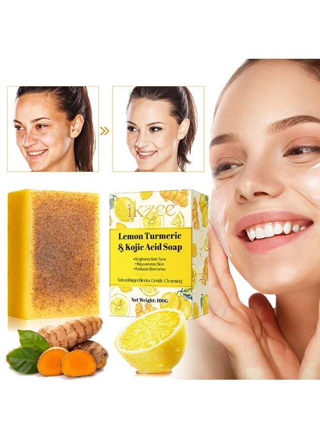 Lemon Turmeric Kojic Acid Soap,Kojic Acid Soap,Turmeric Soap Bar,Gentle Skin Brightening Soap,Dark Spot Corrector Remover,Deep Cleansing Solid Soap Bars,Natural Face Soap for Fine Lines Acne Scars 100g