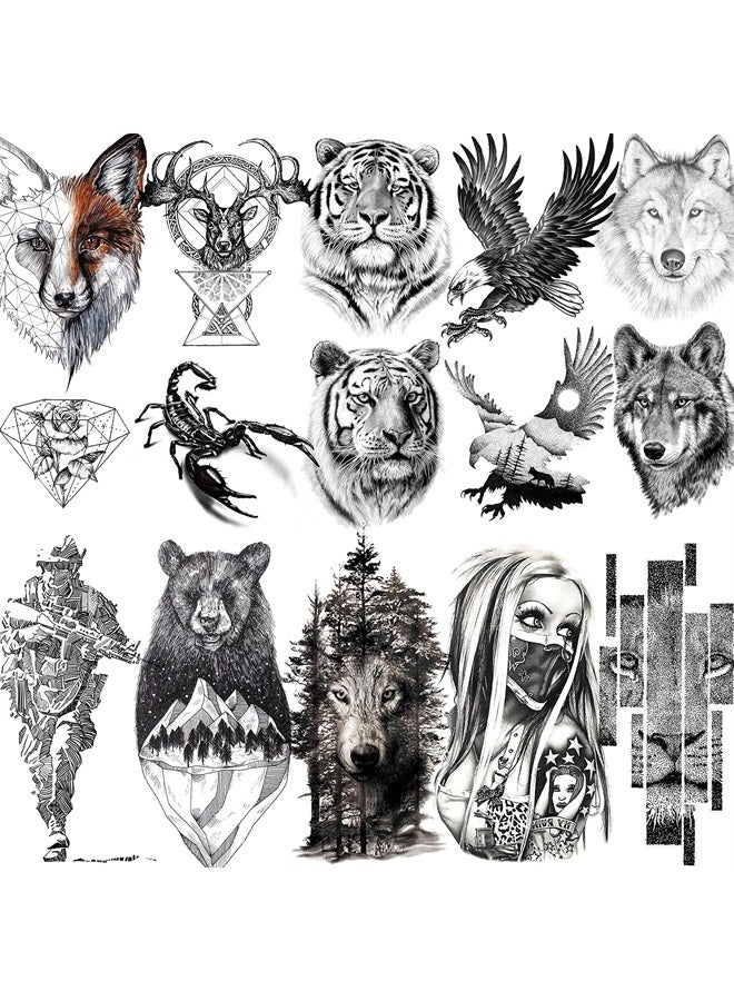 10 Sheets Realistic Tiger Temporary Tattoos Animals For Men Body Armband Soldier Fake Tatoo Stickers For Women Scorpion Wolf Deer Elk Eagle Bear Dot Adults Forearm Tattoos Girls Kids Teens.