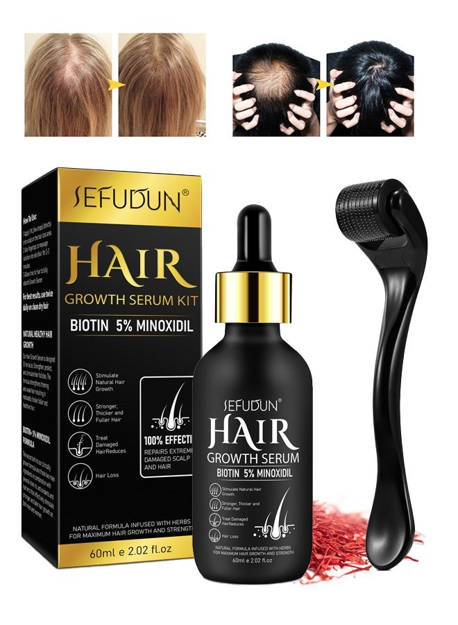 Hair Growth Serum with Derma Roller, 5% Minoxidil with Biotin for Scalp Hair Loss and Thinning, Promotes Natural Thicker, Longer, Fuller Healthier Hair ，for Men and Women 60ml