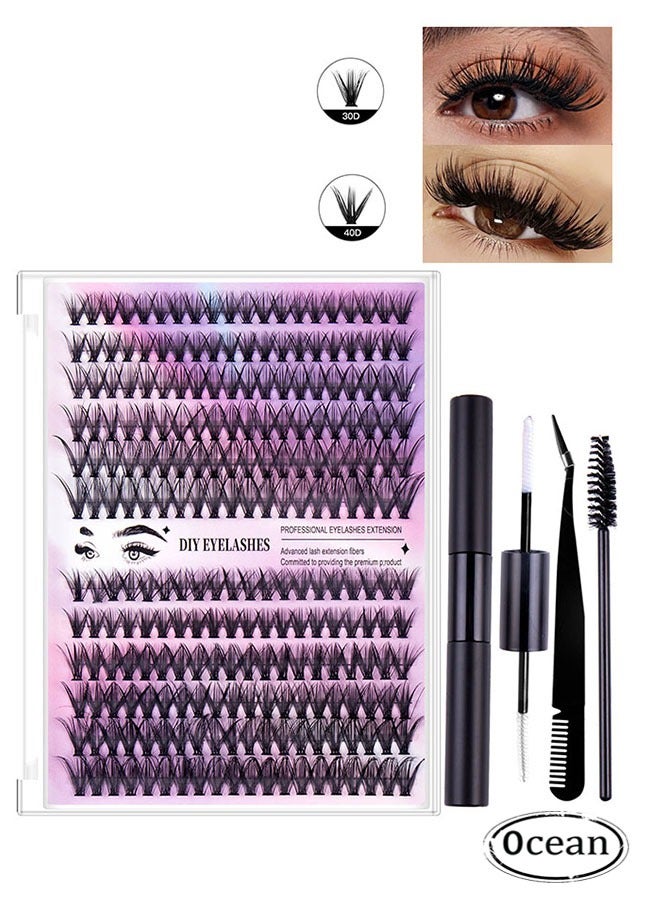 Segmented false eyelash set 240 clusters, 30D 40D Mix Lash Clusters, with Double Headed Glue, Tweezers, and Eyelash Brush, Eyelash Extension Kit, Enlarge Eyes Naturally, Curl Eyelash, DIY Eyelashes