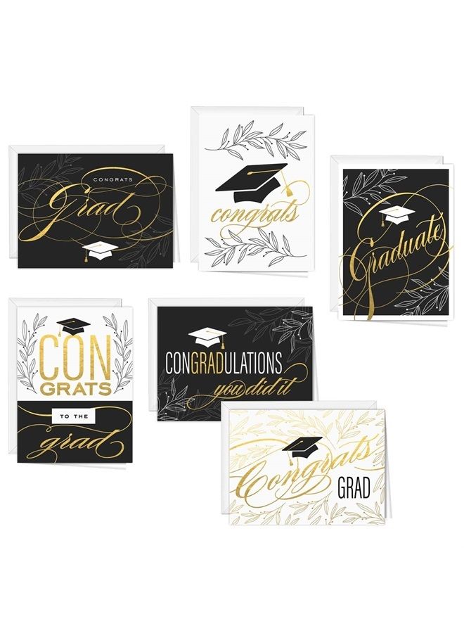 Graduation Hat Card Set / 12 Cards With White Envelopes / 4 5/8" x 6 1/4" Folded School Graduate Cards / 6 Black White And Faux Gold Grad Designs/Made In The USA