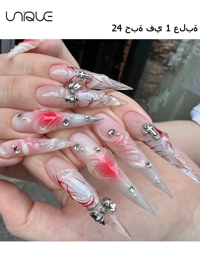 24 Pcs Fake Nails - Press Nails - Extra-long Pointed Manicure - Rhinestone Heart-Shaped Gradient Red Manicure - 3D Butterfly Knot Manicure - Fake Nail Patch
