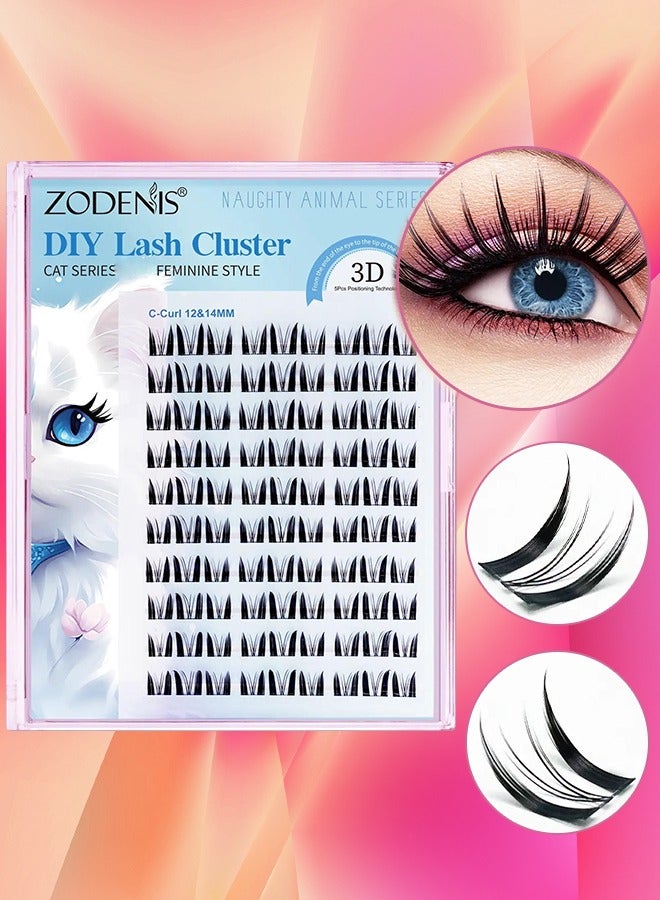 90Pcs Lashes Cluster DIY Lash Extension Kit Without Glue Cute Cat Series 12mm & 14mm Mix Individual Lashes Cat Eye Lashes Natural Look Cluster Lashes C Curl Wispy False Eyelashes Lashes Kit