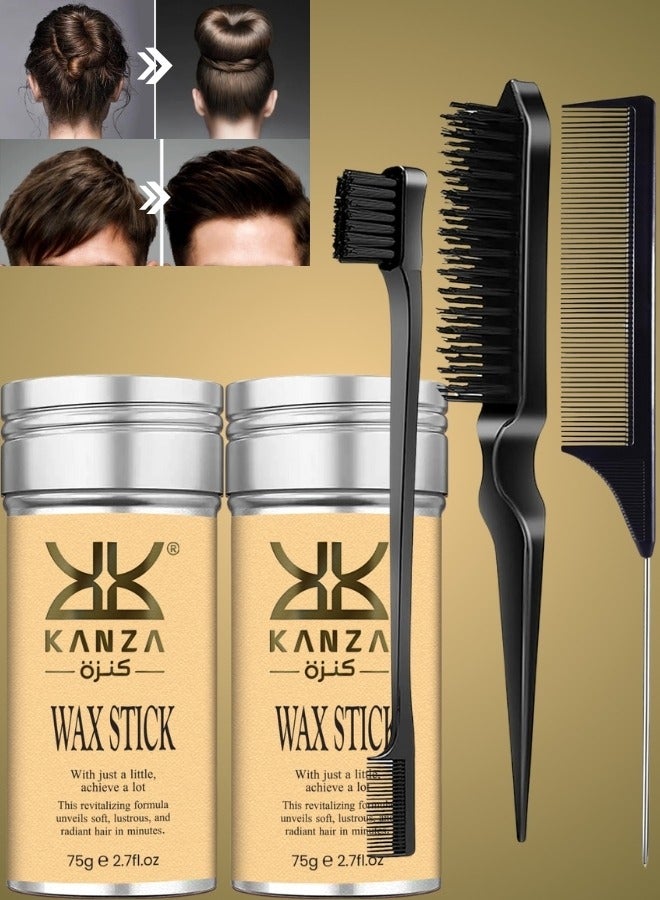 2 Pcs Hair Wax Stick 75gx2 with Comb Set 3 PCS Edge Control Brush Hair Slick Stick Wax Stick for Hair Bristle Brush for Flyaways Teasing Brush for Hair Styling for Baby Hair and Edge Anti Frizz Hair