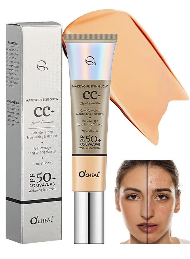 CC Cream, Full Coverage Foundation With SPF 50+ Whitening Sunscreen, CC Cream Foundation Anti-Redness, Colour Correcting And Brightening Face Cream, Skin Tone Adjusting CC Cream, Natural